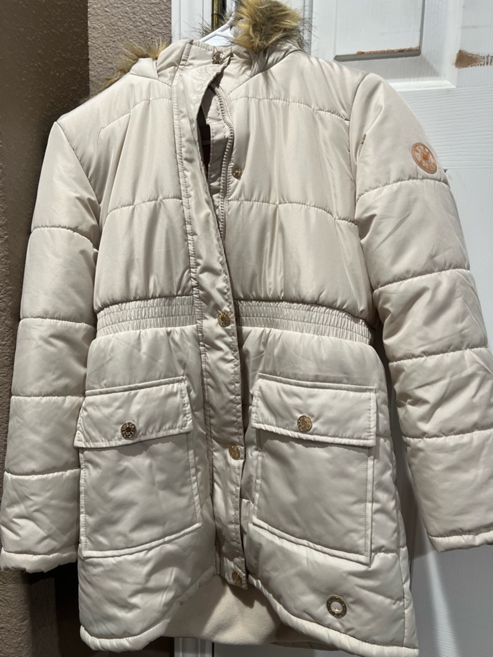 BCBGirls Cream Quilted Puffer Coat with Faux Fur Trimm